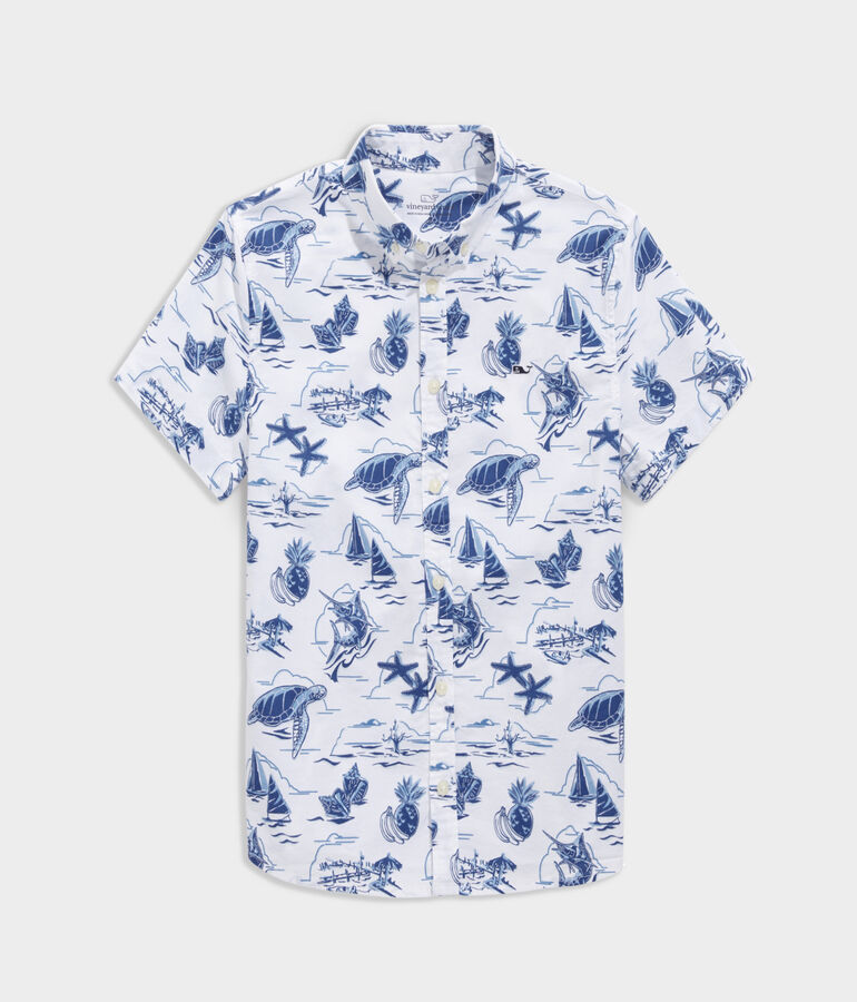 Boys' Stretch Poplin Short-Sleeve Harbour Icons Print Shirt