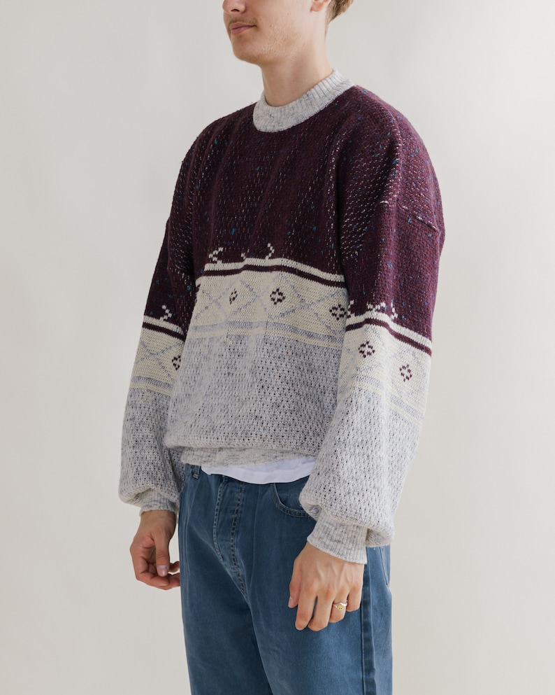 Vintage 80s Nordic Burgundy&White Roundneck Men Jumper L