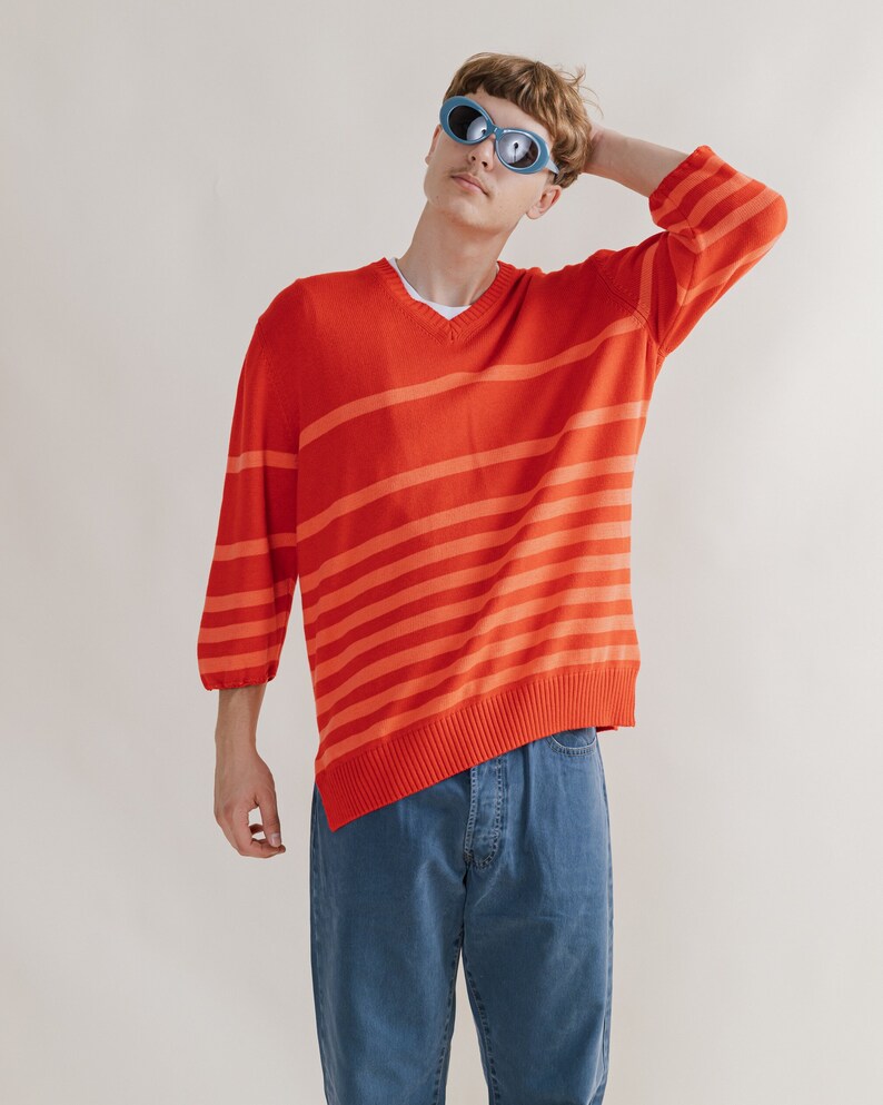 Vintage 90s Grunge 3/4 Sleeve Boxy Unisex Orange Jumper M/L
