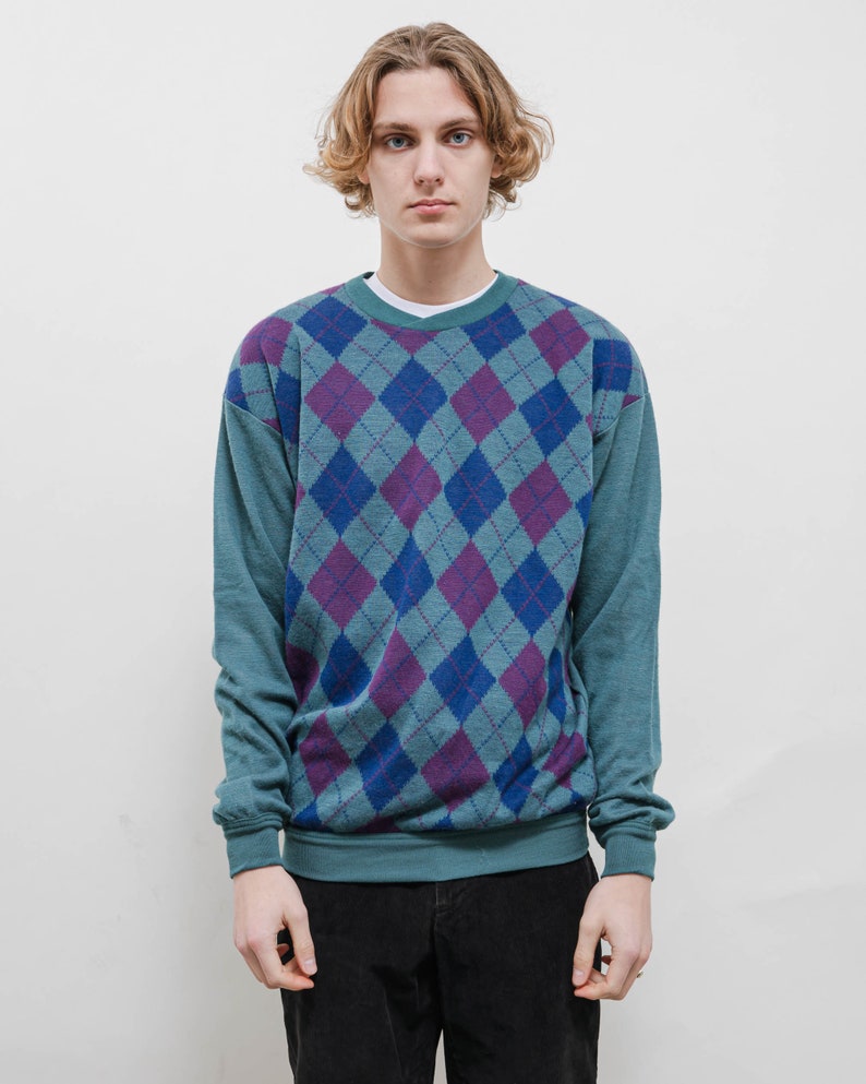 Vintage 80s Preppy Multicolor Argyle Knit Jumper Men M/L