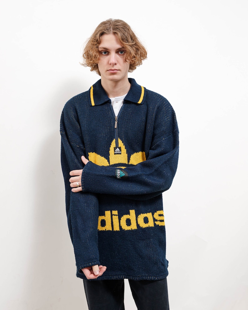 Vintage 80s Boxy Blue Yellow Half Zip Prolonged Knit Jumper