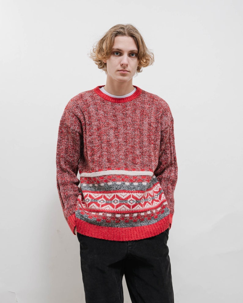 Vintage 80s Nordic Red Cable Knit Boxy Knit Jumper Men M