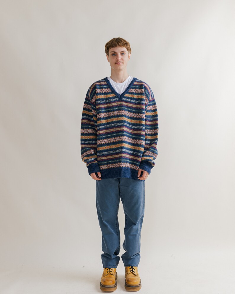 Vintage Nordic V-neck Multi Stripe Pure Wool Jumper Men XL
