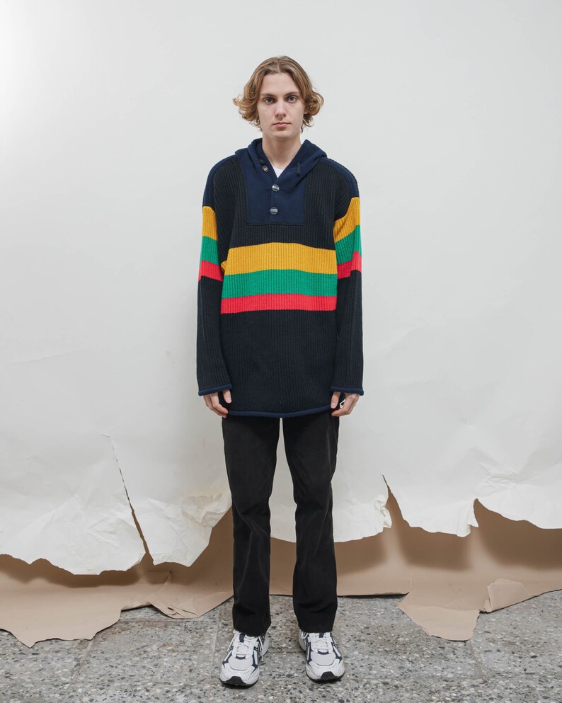 Vintage 80s Navy Blue Contrast Half Button Hoodie Jumper Men