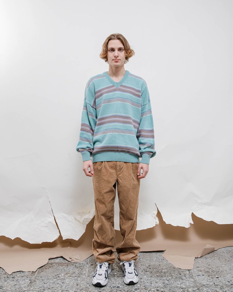 Vintage 80s Boho Slouchy Striped V Neck Jumper Unisex L/XL