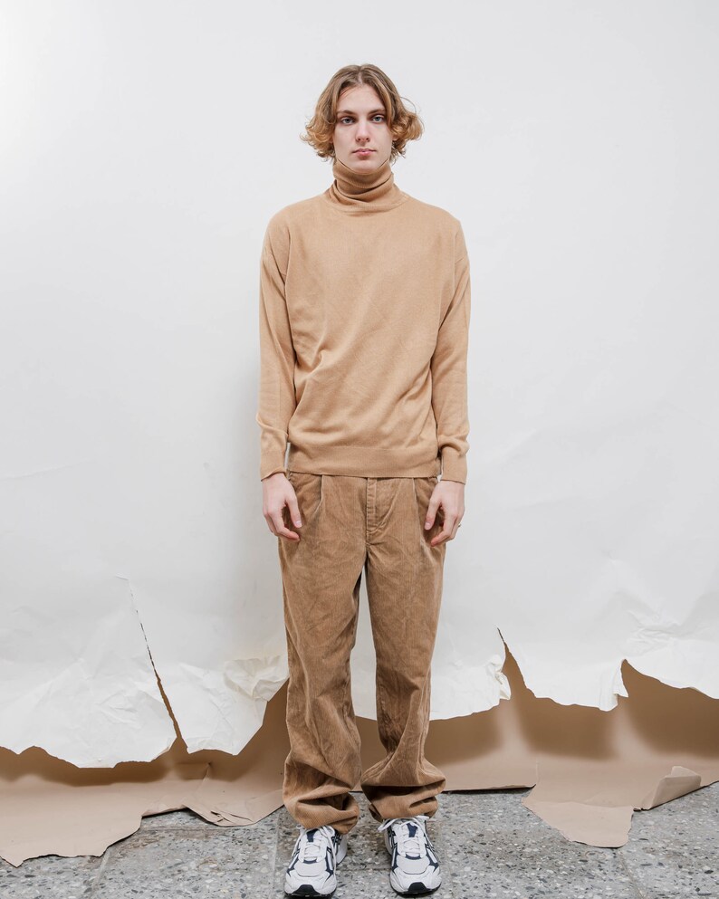 Vintage 90s Light Brown Roll Neck Slim Silk Cashmere Knit Jumper Men L