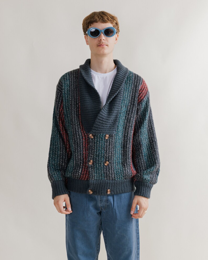 Vintage 80s Grandad V-neck Double Breasted Multi Cardigan XL