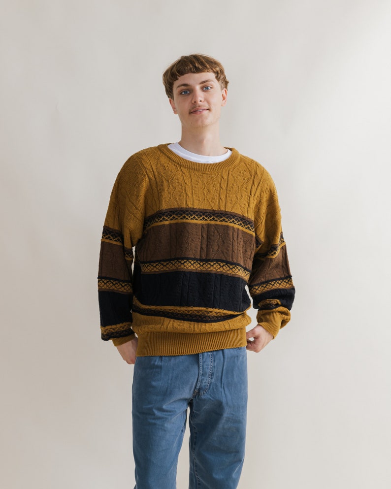Vintage 90s Mustard&Black Roundneck Knit Jumper Men L