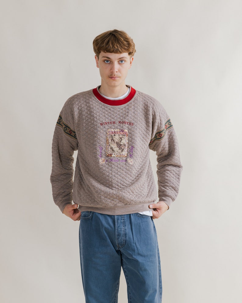 Vintage 90s Winter Months Quilter Grey Jumper Unisex M