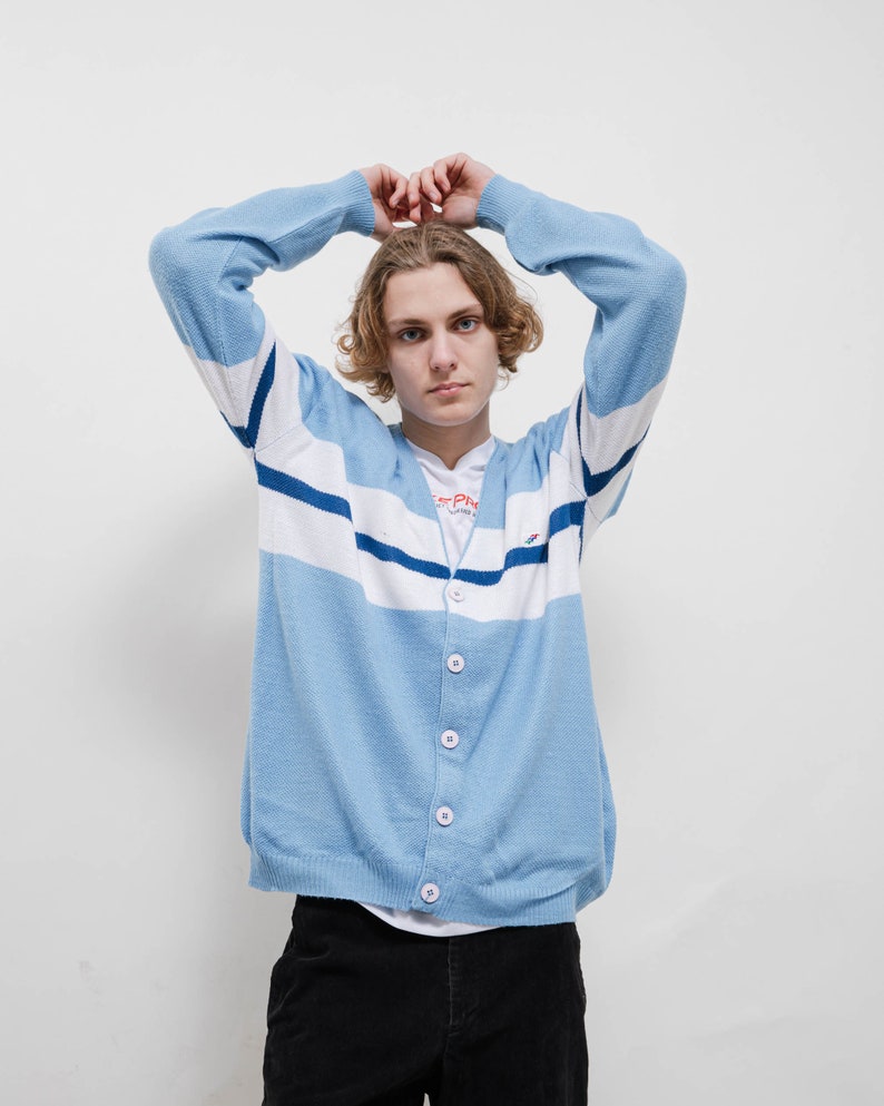 Vintage Y2k Skater Chest Stripe Blue V-neck Cardigan Men L