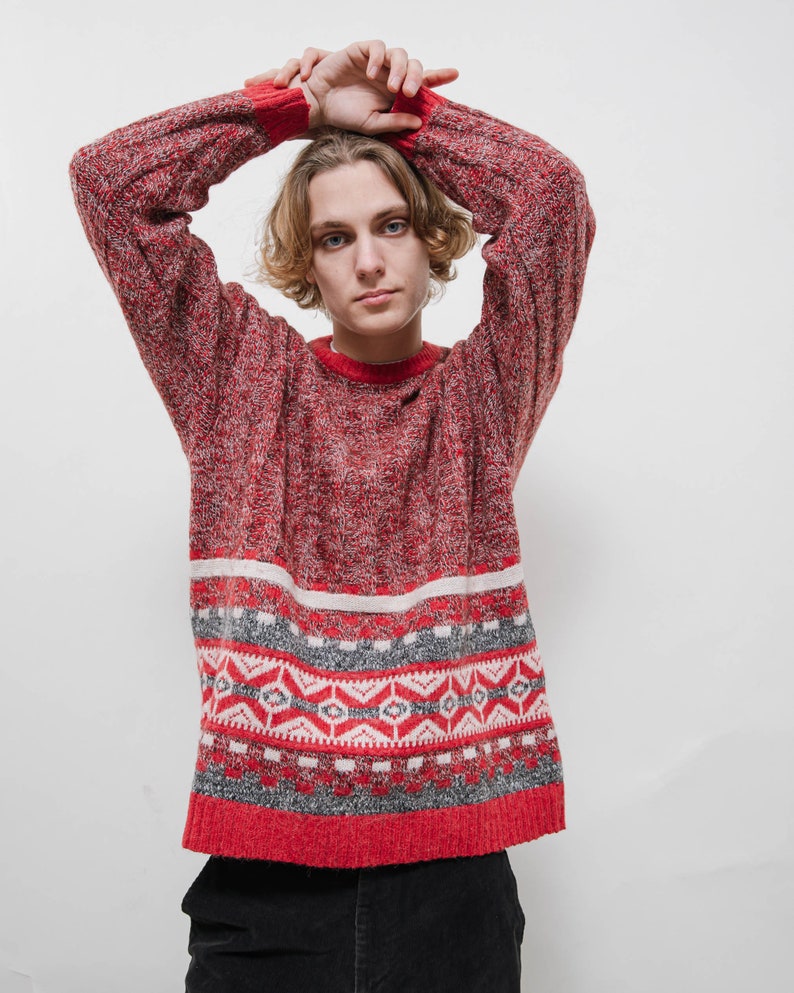 Vintage 80s Nordic Red Cable Knit Boxy Knit Jumper Men M