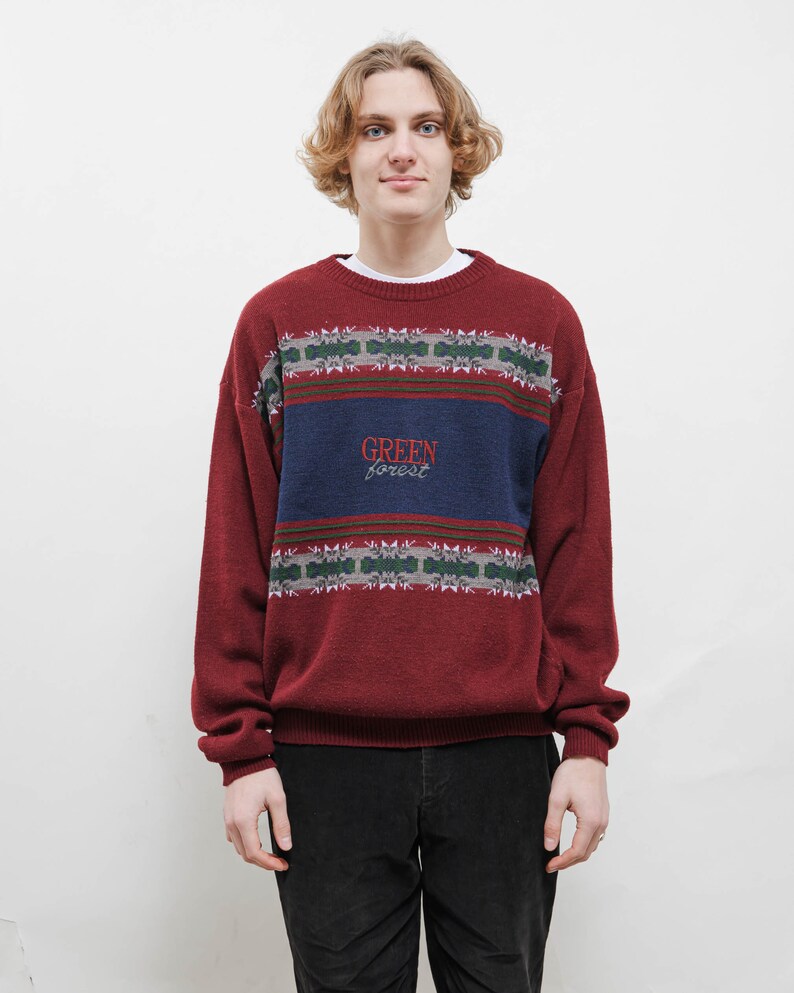 Vintage 80s Green Forest Nordic Round Neck Knit Jumper Men L