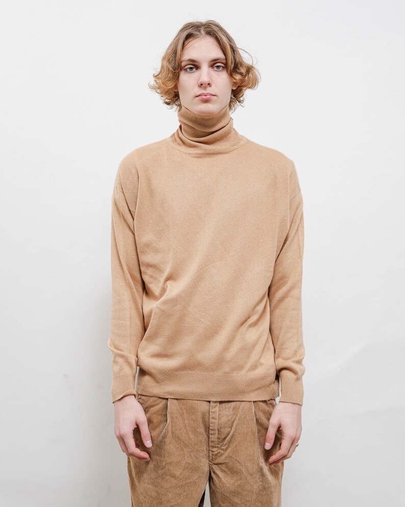 Vintage 90s Light Brown Roll Neck Slim Silk Cashmere Knit Jumper Men L