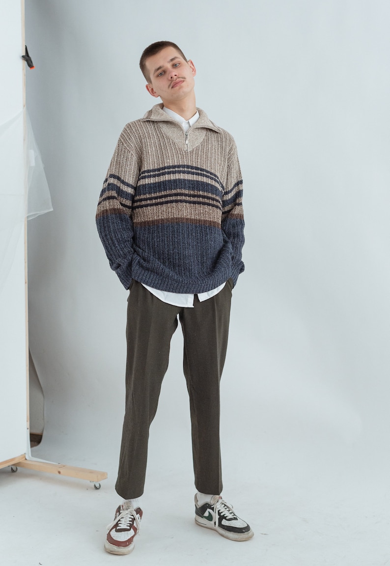 Vintage High Neck Knit Wool Jumper in Multi Stripe Unisex M