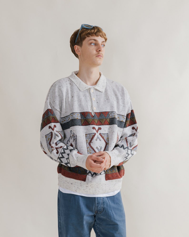 Vintage 90s Grandads Polo Neck Graphic Pattern Jumper L