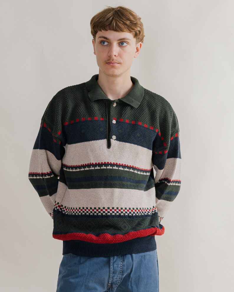 Vintage 90s Polo Neck Vertical Stripe Cotton Men Jumper M