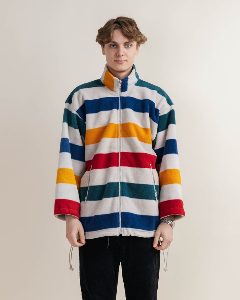 Vintage 90s Funky Zip Up Multi Stripe Boxy Fleece Unisex XL