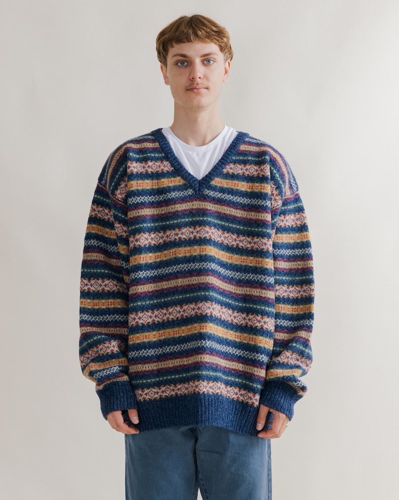 Vintage Nordic V-neck Multi Stripe Pure Wool Jumper Men XL