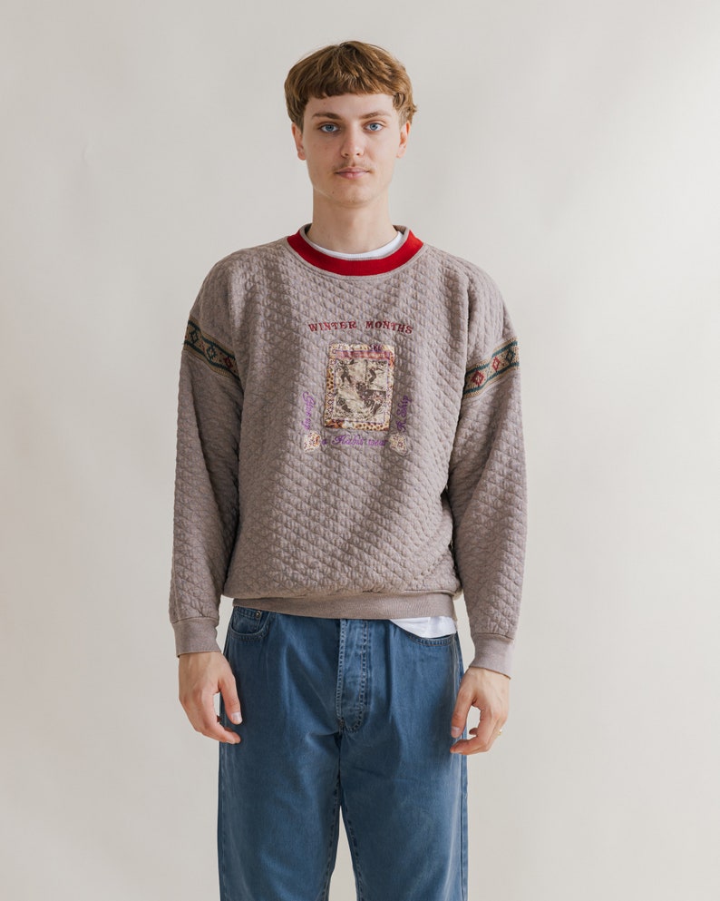 Vintage 90s Winter Months Quilter Grey Jumper Unisex M