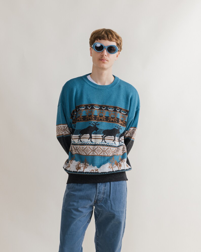 Vintage 90s Nordic Deer Pattern Blue&Black Unisex Jumper