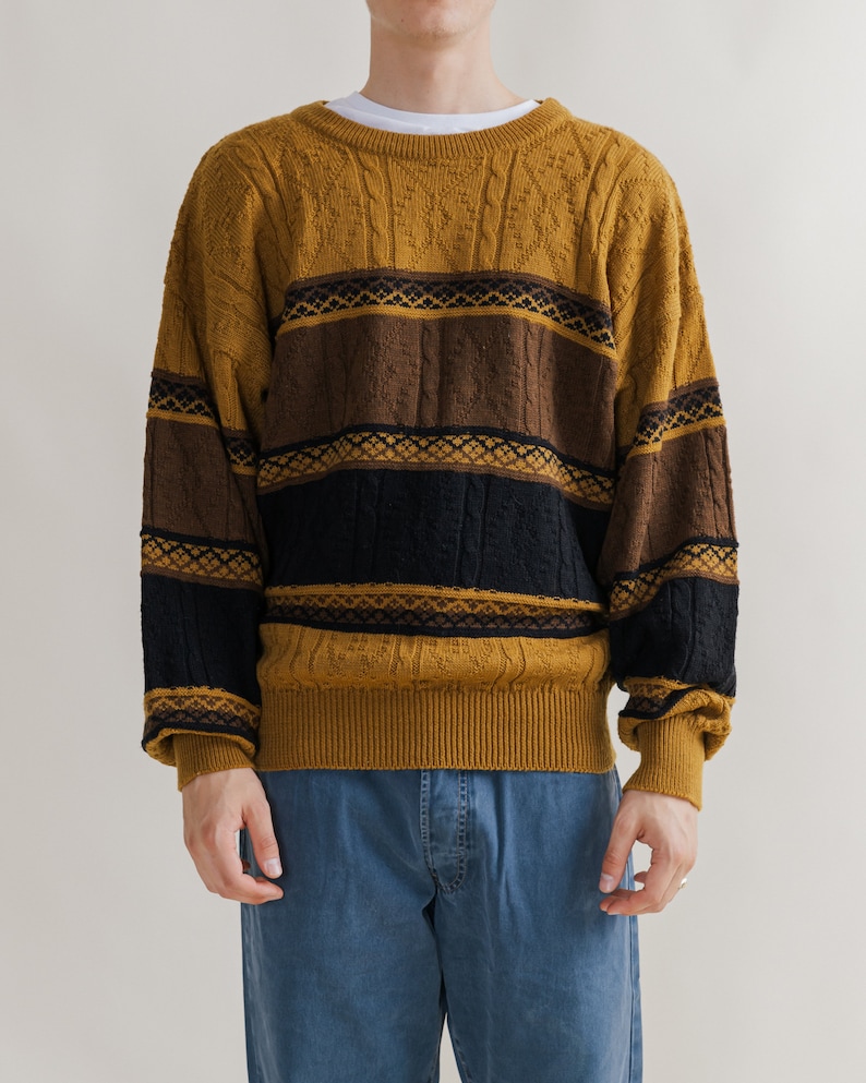 Vintage 90s Mustard&Black Roundneck Knit Jumper Men L