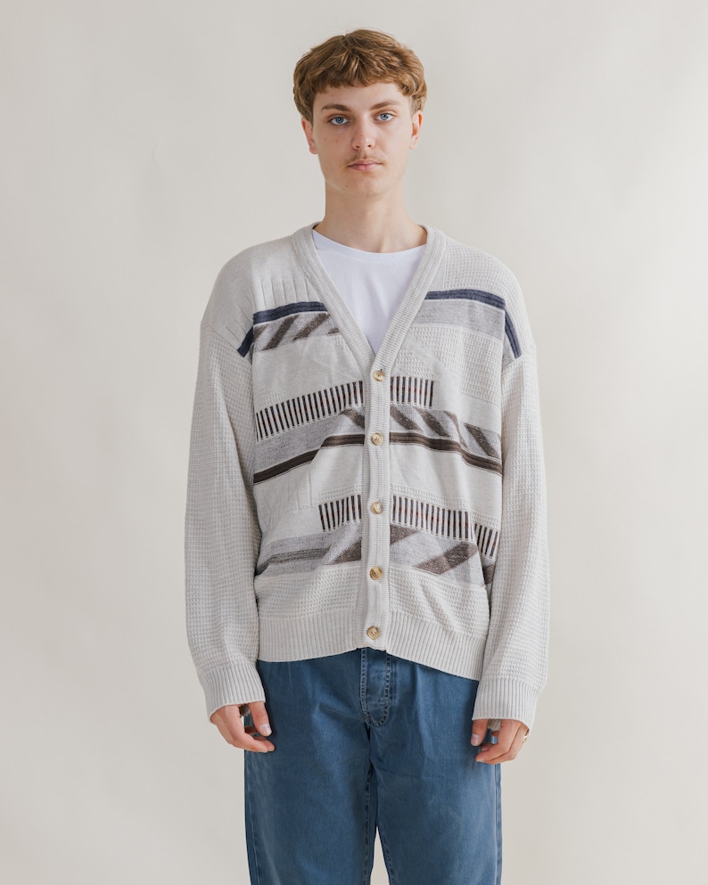 Vintage 80s Grandads Grey Graphic V-neck Cardigan M