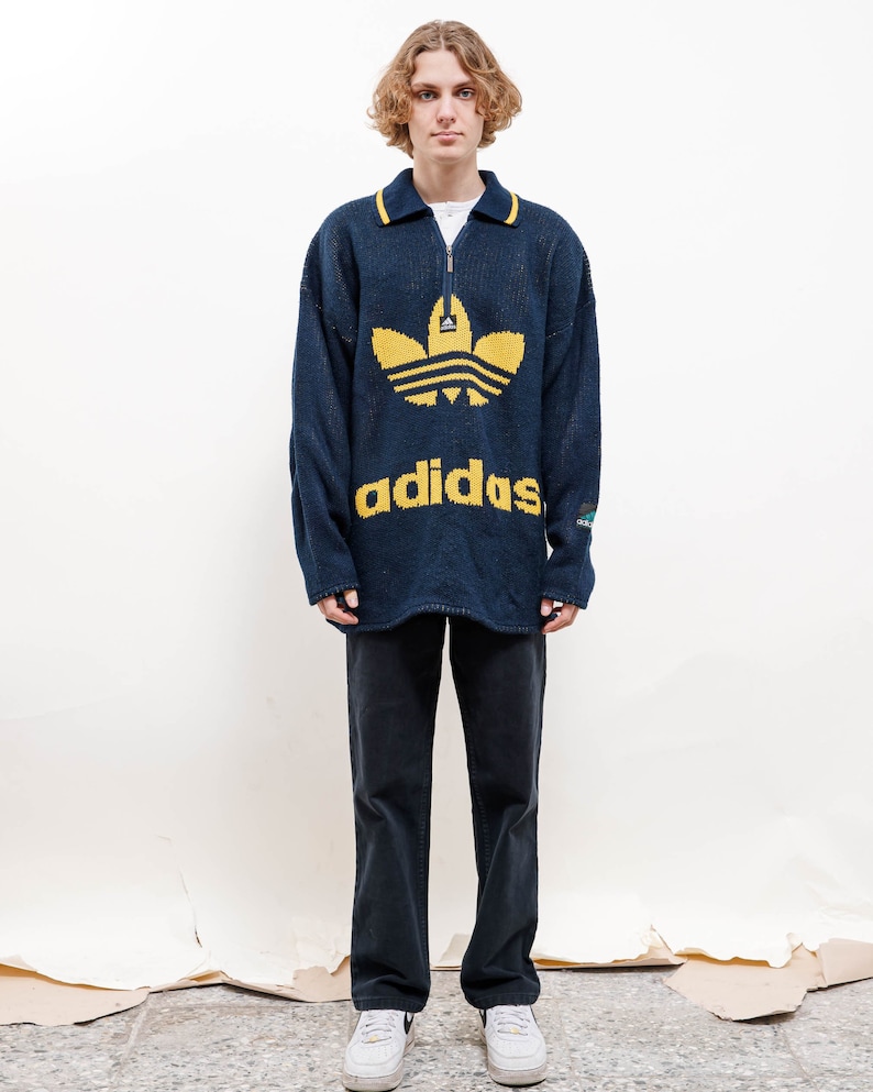 Vintage 80s Boxy Blue Yellow Half Zip Prolonged Knit Jumper