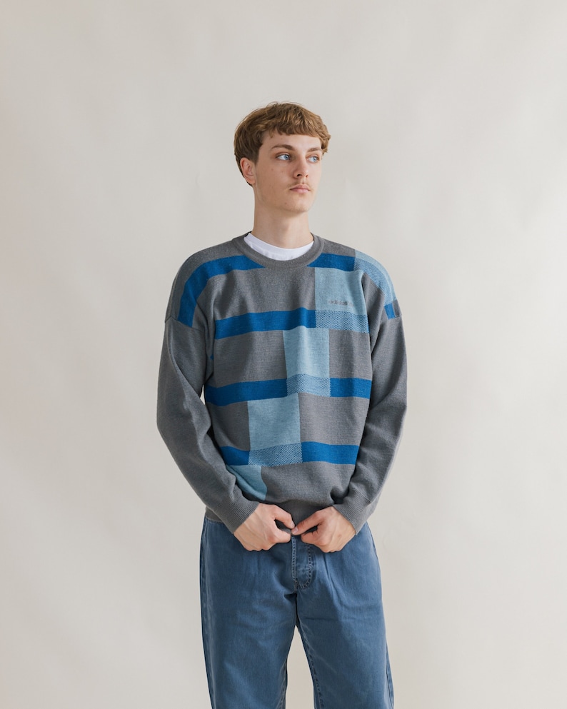 Vintage Adidas Abstract Pattern Blue Knit Jumper Unisex M