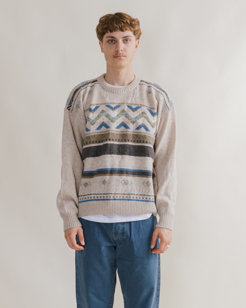 Vintage 90s Abstract Pattern Cream Roundneck Jumper M/L