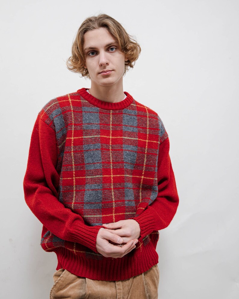 Vintage 80s Red Wool Knitted Jumper in Check Print Unisex M