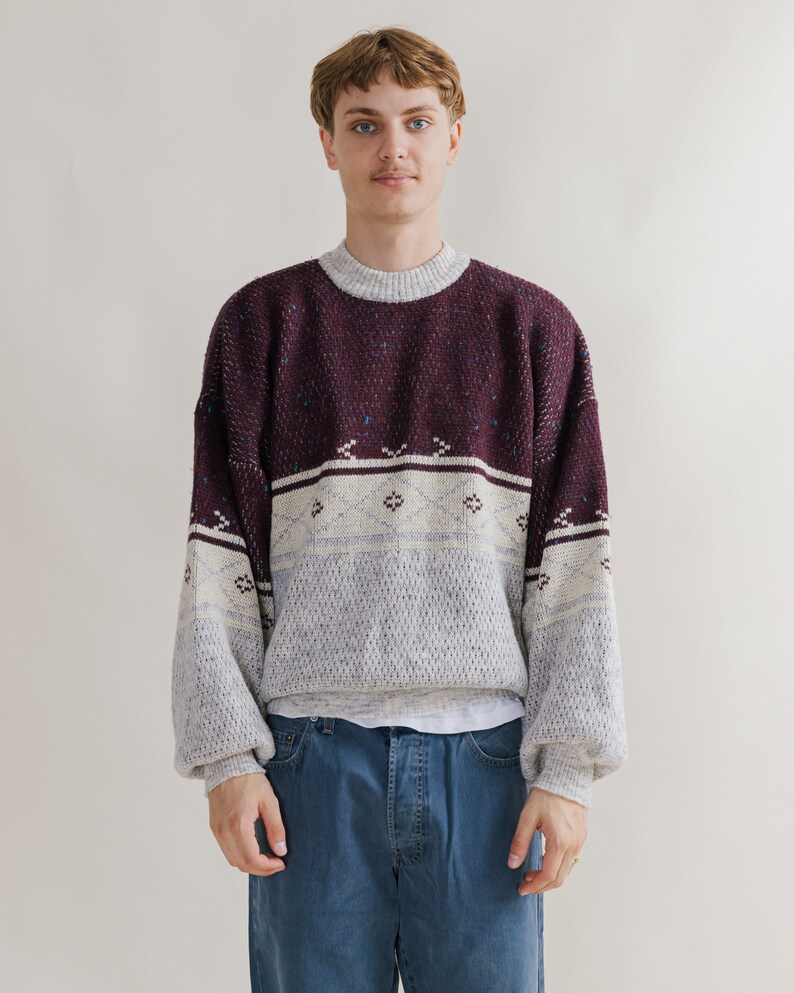 Vintage 80s Nordic Burgundy&White Roundneck Men Jumper L
