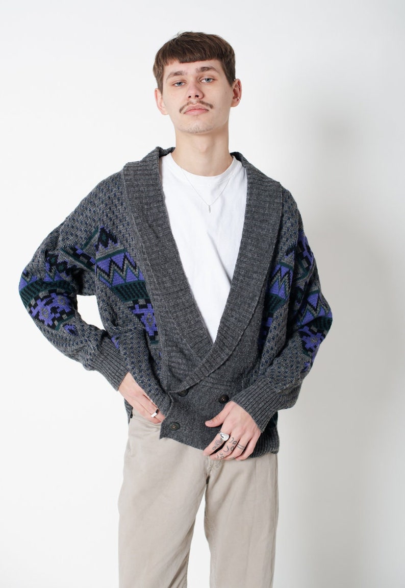 Vintage 80s Grandads Deep V-neck Men Cardigan in Grey L/XL