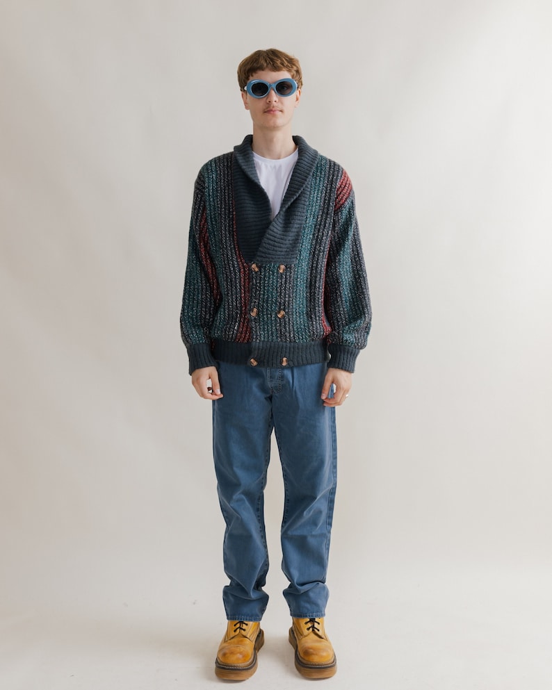 Vintage 80s Grandad V-neck Double Breasted Multi Cardigan XL