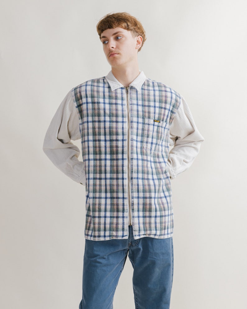 Vintage 90s Wrangler Zip Up Front Corduroy&Check Shirt M