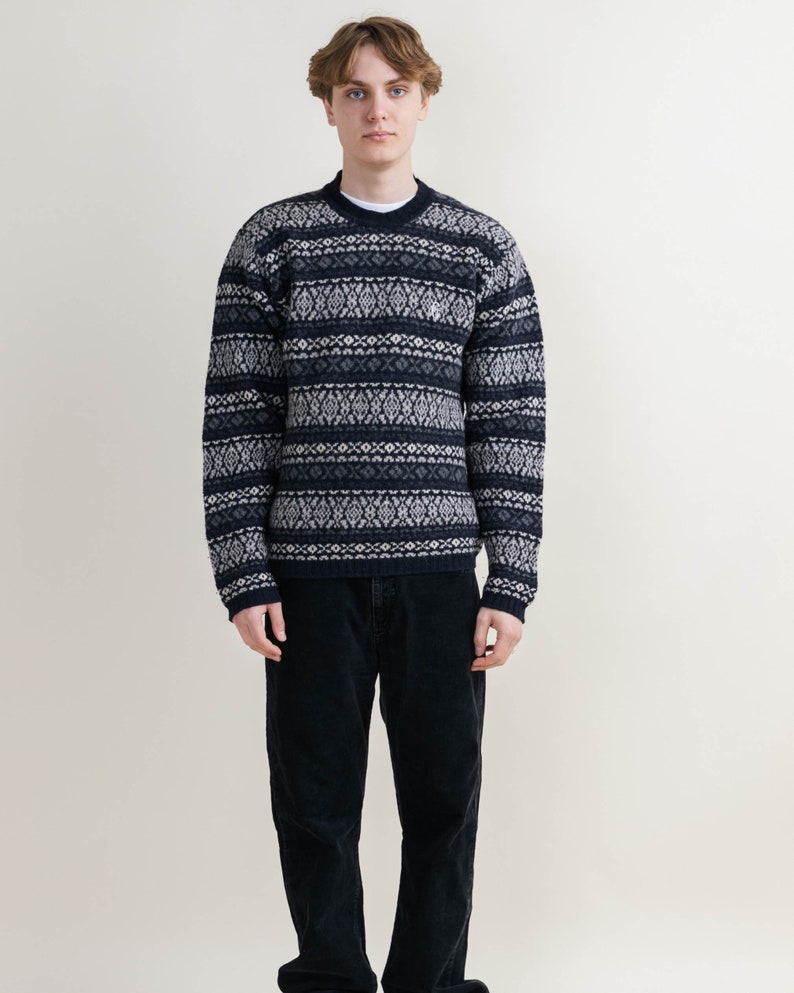 Vintage 80s Nordic Pattern Blue Wool Roundneck Jumper M