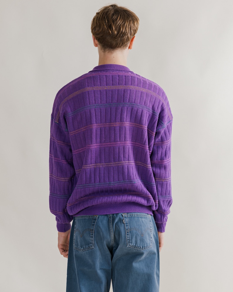 Vintage 90s Preppy Polo Neck Textured Purple Jumper M