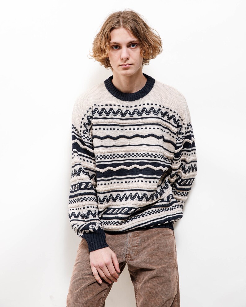 Vintage 80s Mono Textured Knit Nordic Grandpa Boxy Jumper L