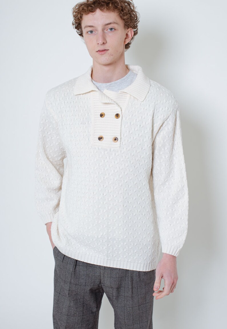 Vintage Half Button Up Men Sweater in White Cream Knit M/L
