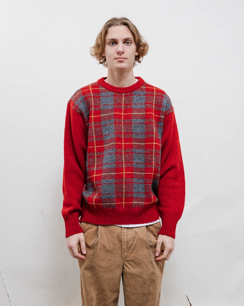 Vintage 80s Red Wool Knitted Jumper in Check Print Unisex M