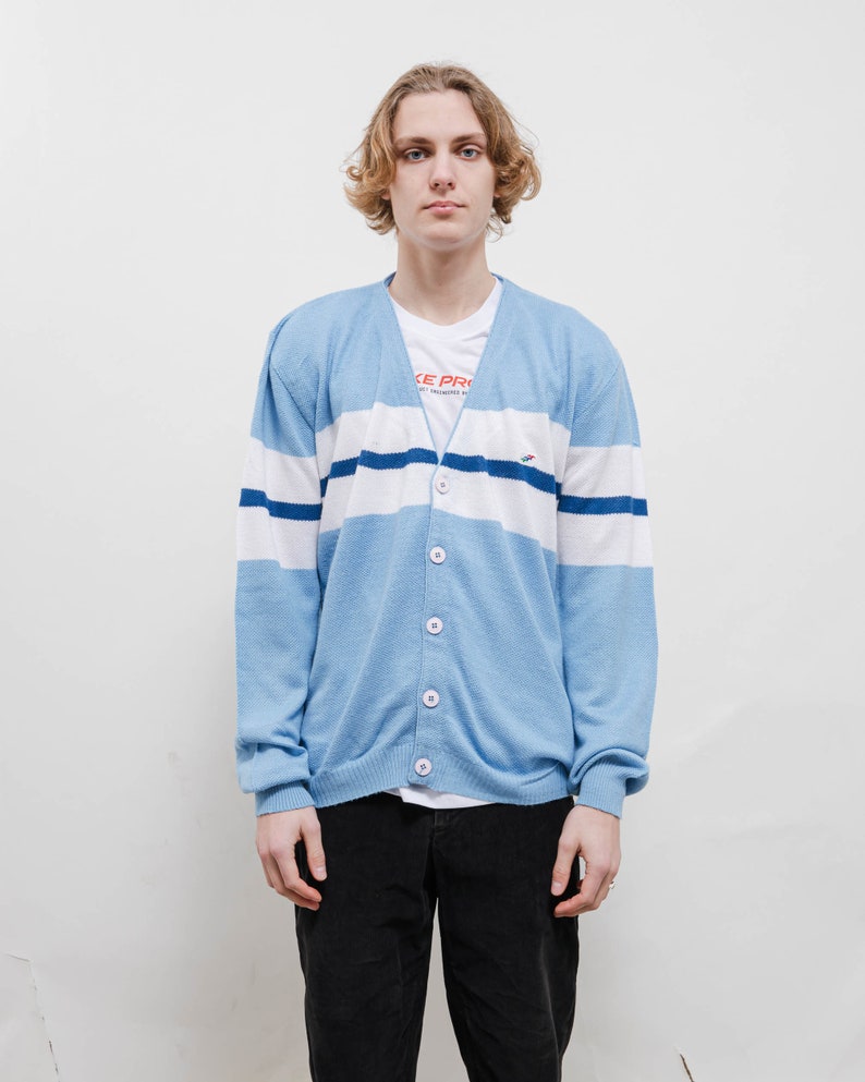 Vintage Y2k Skater Chest Stripe Blue V-neck Cardigan Men L