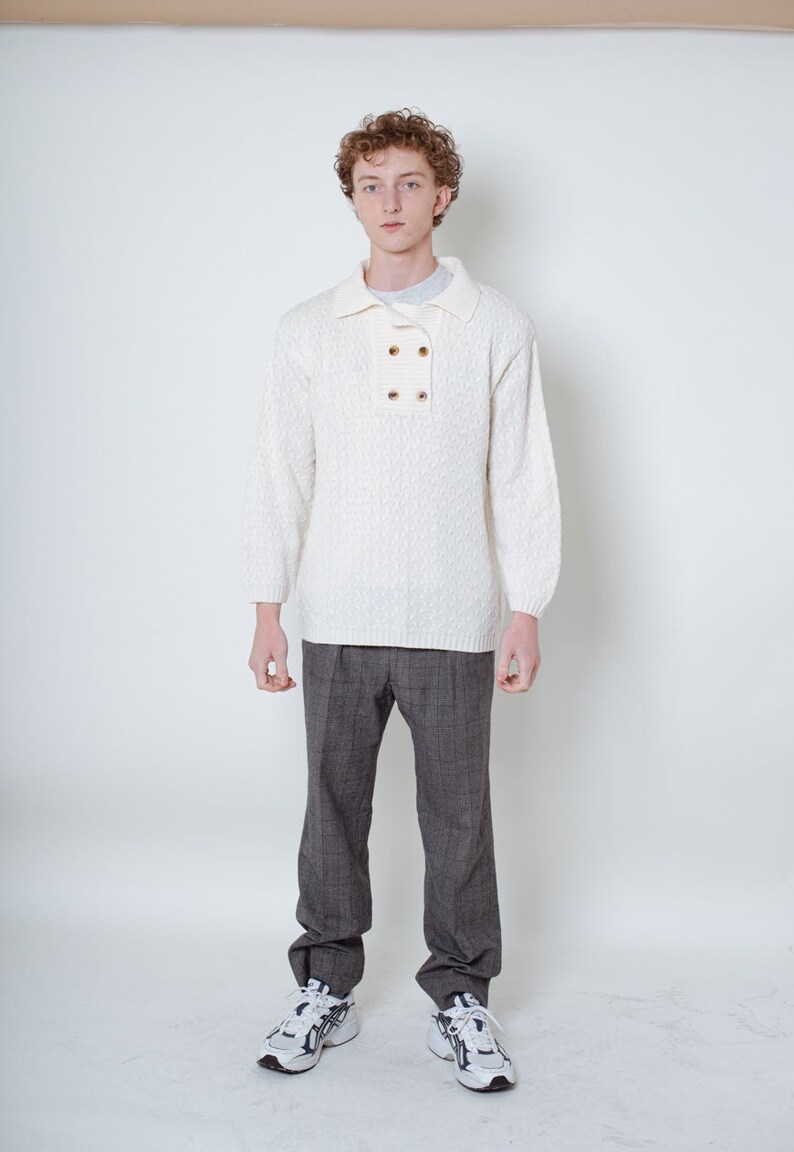 Vintage Half Button Up Men Sweater in White Cream Knit M/L