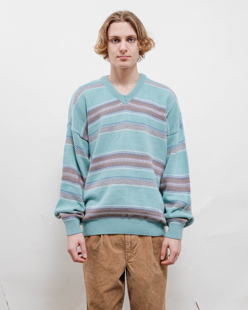 Vintage 80s Boho Slouchy Striped V Neck Jumper Unisex L/XL