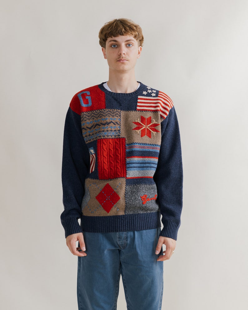 Vintage 90s Gant Winter Pattern Red&Blue Pure Wool Men Jumper