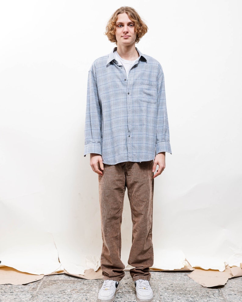 Vintage 90s Pastel Blue Cotton Long Sleeve Button Up Shirt L