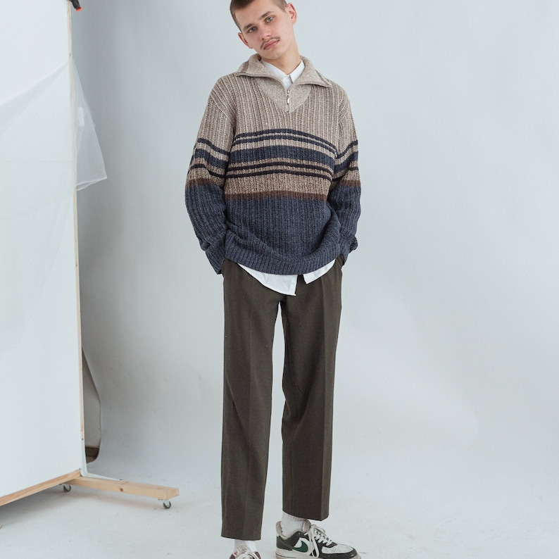 Vintage High Neck Knit Wool Jumper in Multi Stripe Unisex M