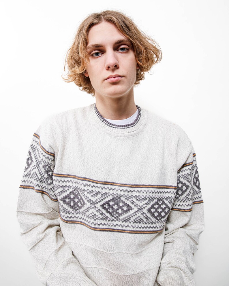 Vintage 80s Beige Nordic Ethnic Round Neck Knit Jumper S