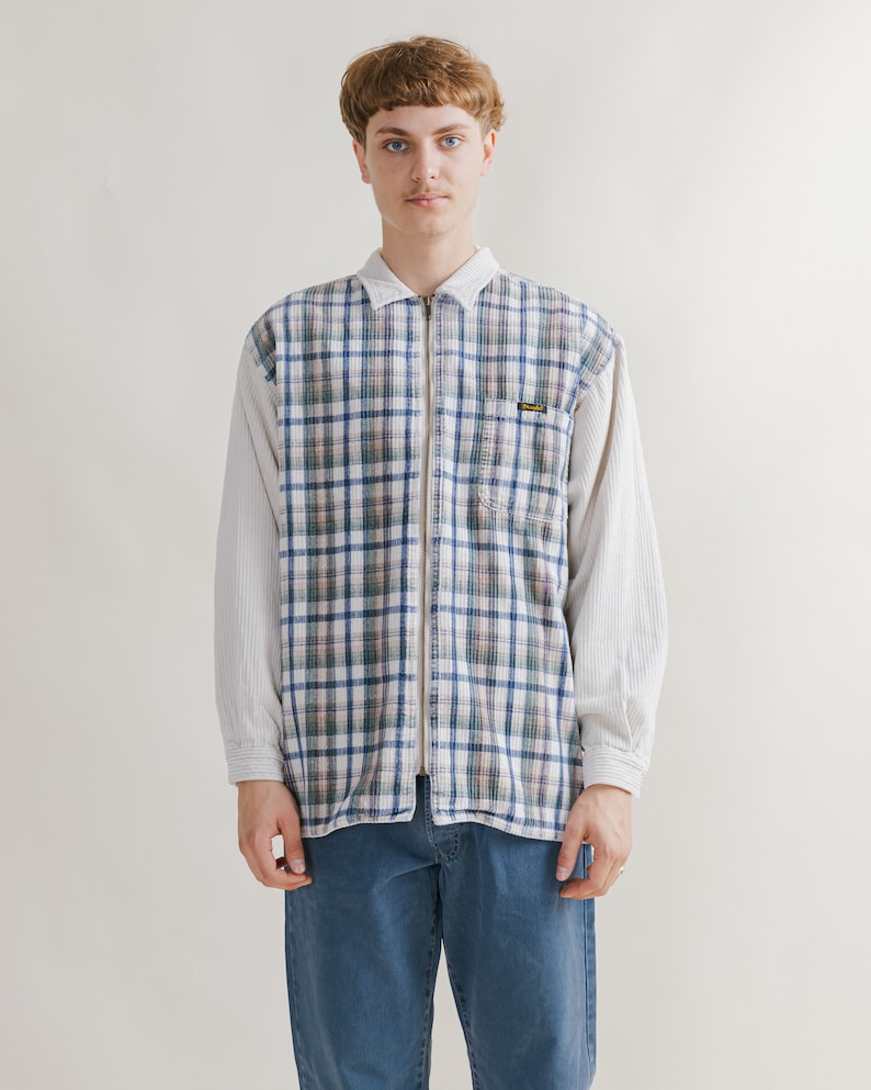 Vintage 90s Wrangler Zip Up Front Corduroy&Check Shirt M