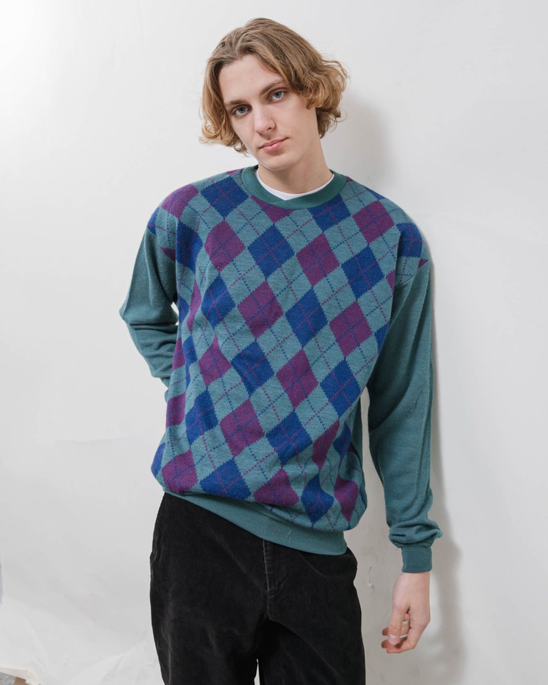 Vintage 80s Preppy Multicolor Argyle Knit Jumper Men M/L