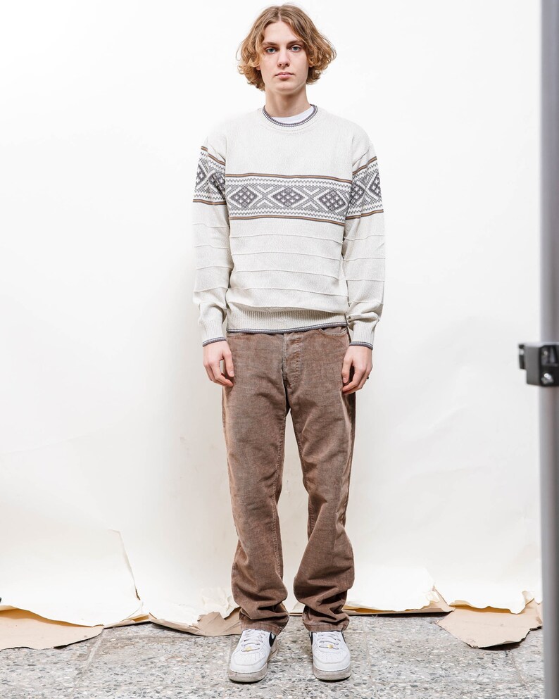 Vintage 80s Beige Nordic Ethnic Round Neck Knit Jumper S