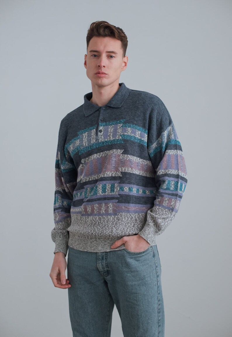 Vintage 90s Polo Neck Men Cotton Sweater in Multi Knit XL